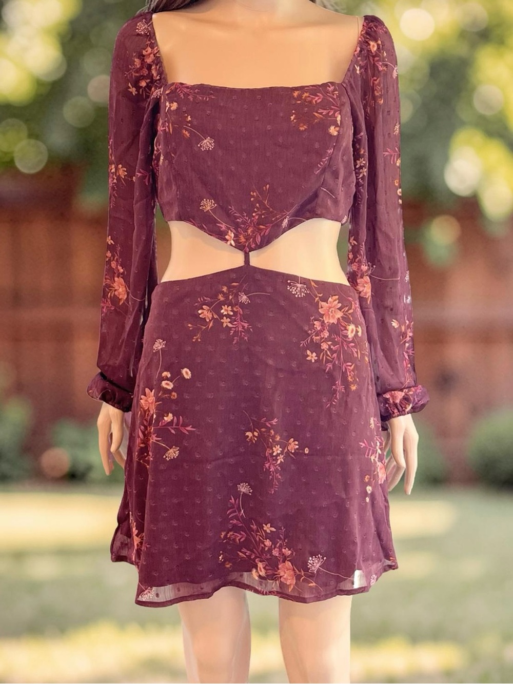 Forever 21 NWT Burgundy Floral Cutout Mini Dress Long Sleeve Boho Festival
